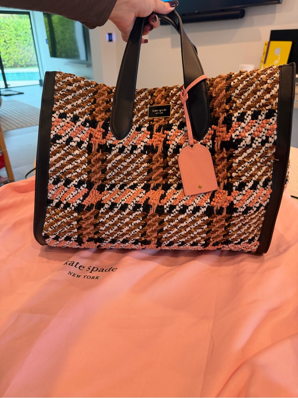 kate spade Pink, Brown & Black Tweed Tote with Pink Leather Tag